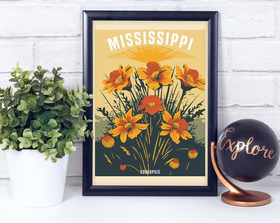 Mississippi Coreopsis Orange Wildflower Vintage State Flower Poster