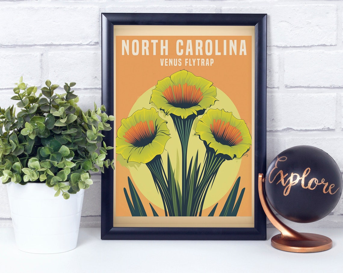 North Carolina Venus Flytrap Retro Botanical Plant Art Poster