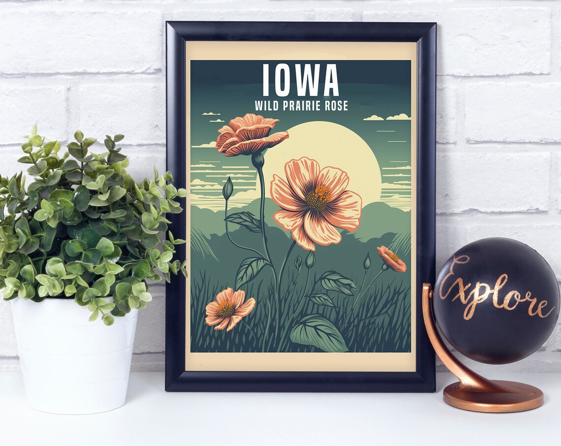 Iowa Wild Prairie Rose Vintage Botanical State Flower Poster