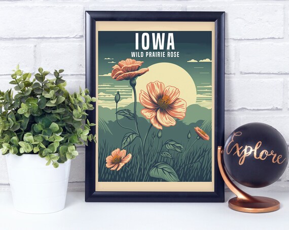 Iowa Wild Prairie Rose Vintage Botanical State Flower Poster