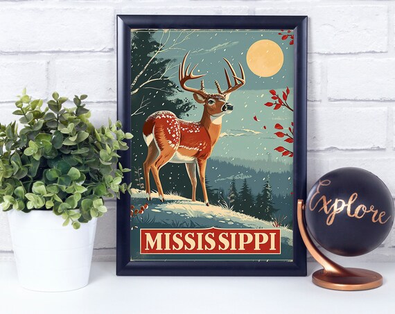 Whitetailed Deer Mississippi State Land Mammal Vintage Retro Style Poster Print Wall Dcor