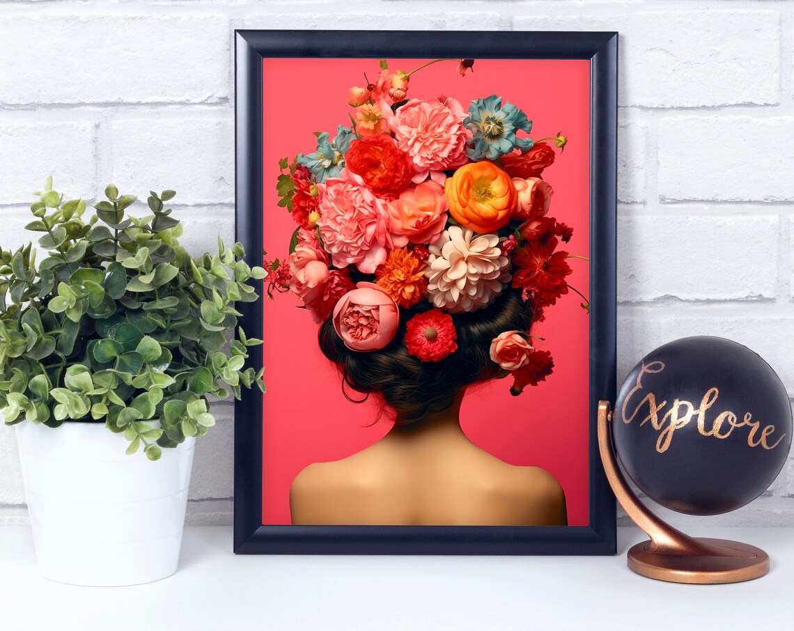 Woman with Giant Floral Bouquet Hair Against Coral Red Art Print