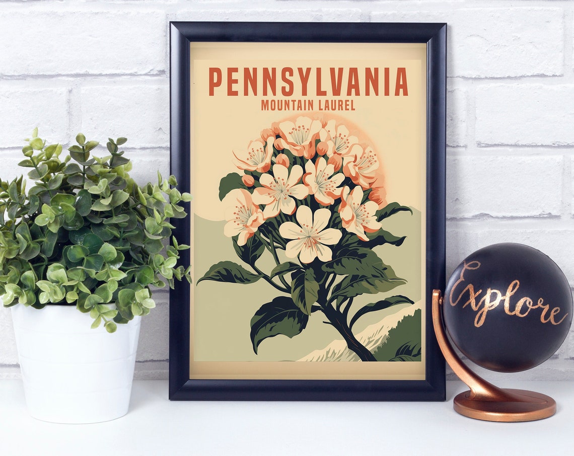 Pennsylvania Mountain Laurel Retro State Flower Travel Style Poster