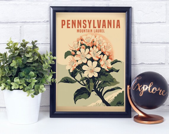 Pennsylvania Mountain Laurel Retro State Flower Travel Style Poster