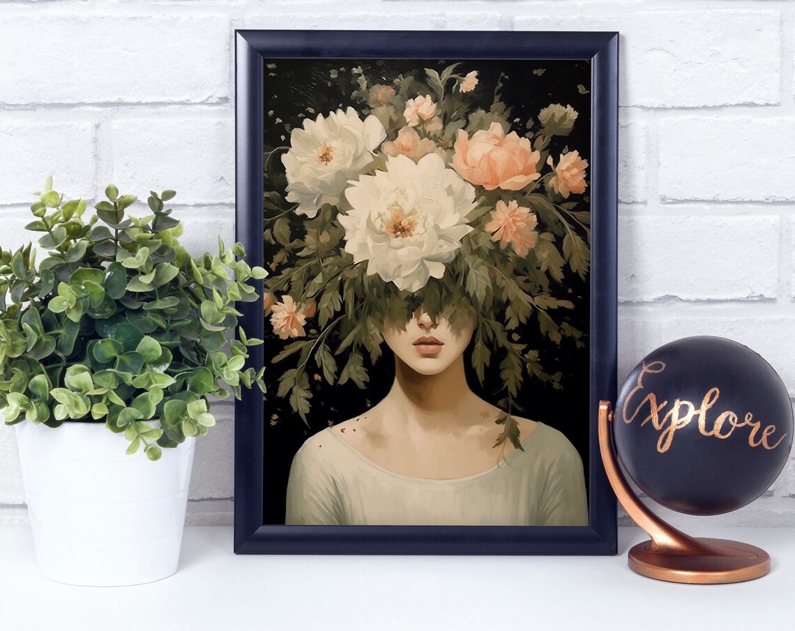 Dark Moody Woman with Peony Crown on Black Floral Portrait Print