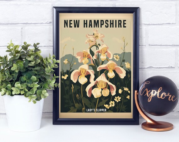 New Hampshire Lady's Slipper Vintage State Flower Botanical Poster