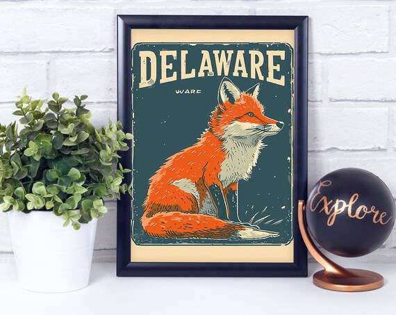 Fox Delaware State Wildlife Animal Vintage Retro Style Poster Print Wall Dcor