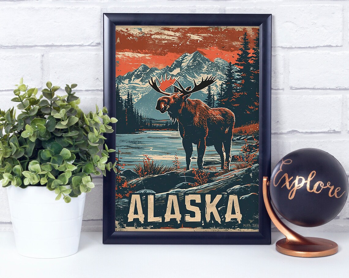 Moose Alaska National State Mammal Vintage Retro Style Poster Print Wall Dcor