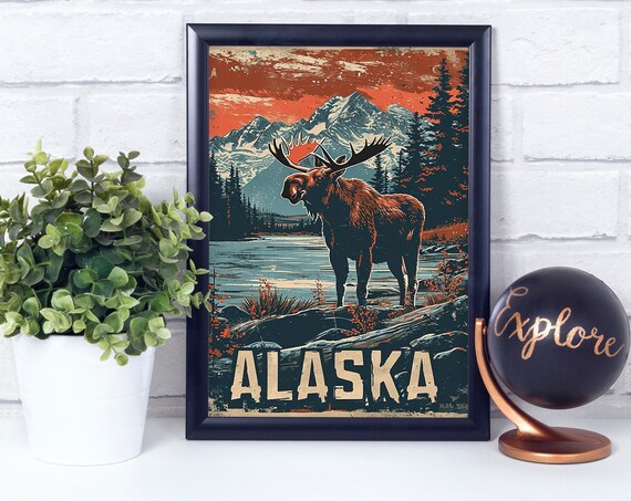 Moose Alaska National State Mammal Vintage Retro Style Poster Print Wall Dcor