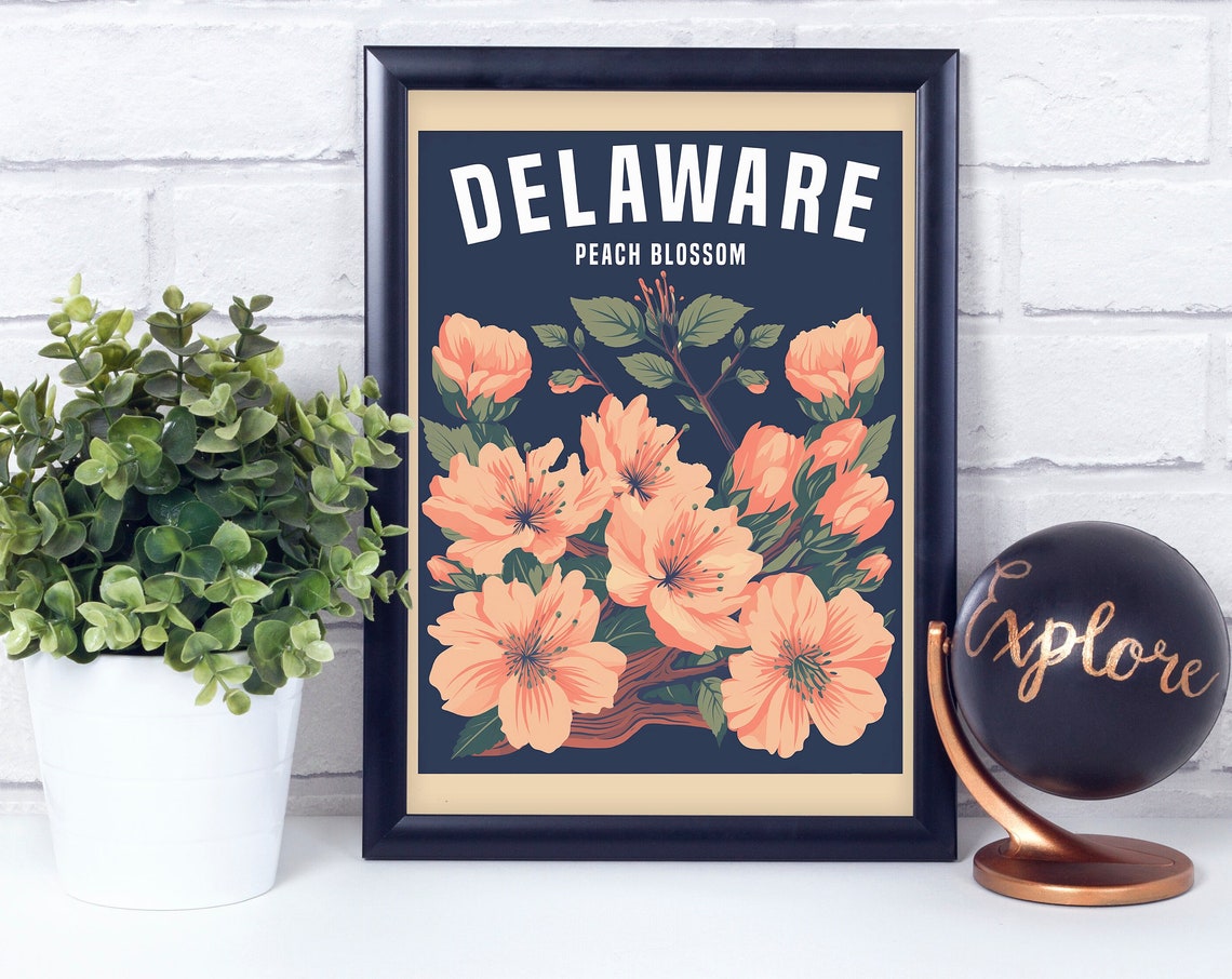 Delaware Peach Blossom State Flower Retro Vintage Botanical Poster