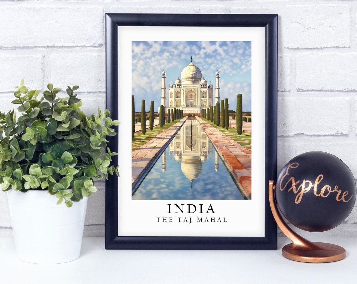 Taj Mahal India Reflection Watercolor Landmark Travel Poster