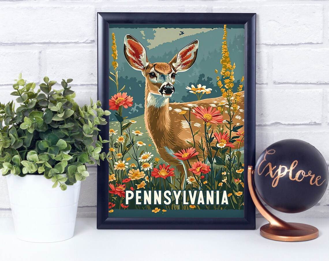 Whitetailed Deer Pennsylvania National State Animal Vintage Retro Style Poster Print Wall Dcor