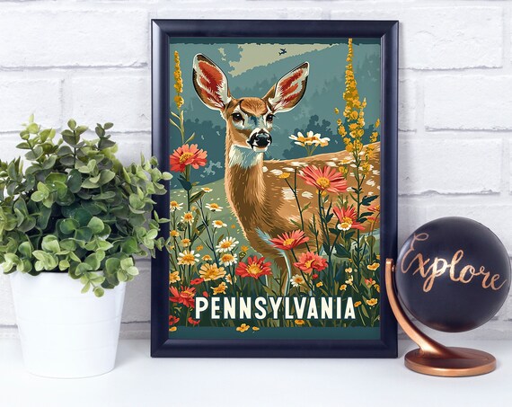 Whitetailed Deer Pennsylvania National State Animal Vintage Retro Style Poster Print Wall Dcor
