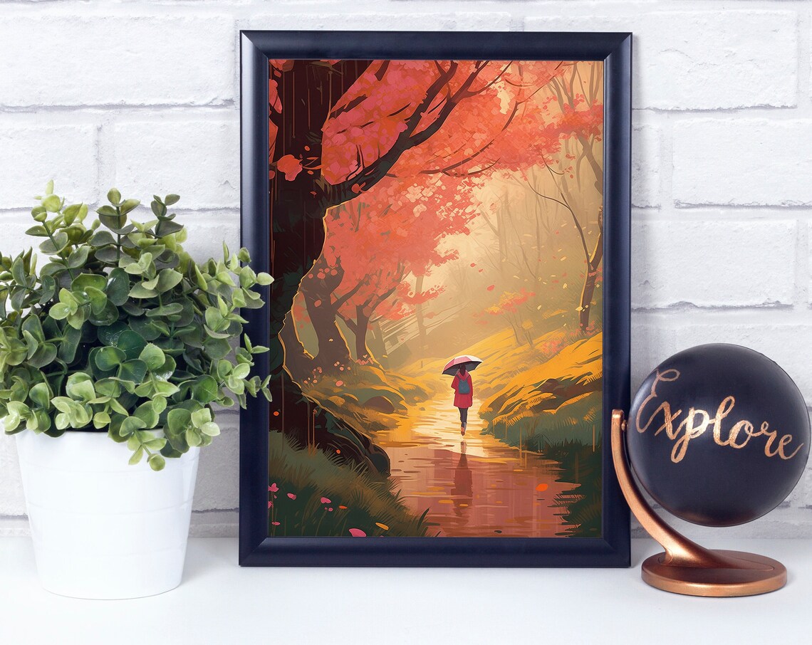 Girl Walking In Rain Spring Season Poster Print Wall Art Dcor