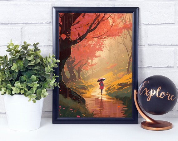 Girl Walking In Rain Spring Season Poster Print Wall Art Dcor