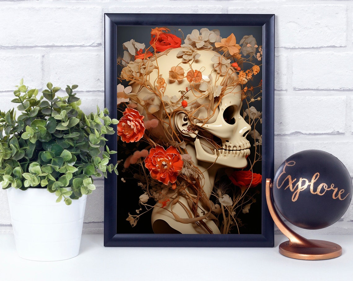 Floral Human Skull Profile with Red Roses Moody Dark Art Print