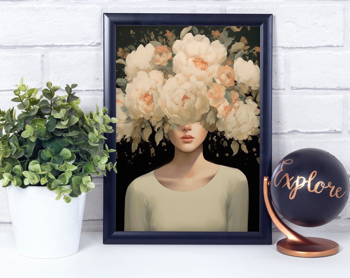 Woman with White Peonies Covering Her Face Soft Floral Art Print