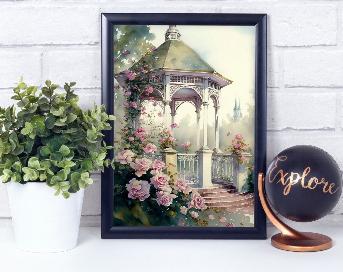 Hidden Garden Gazebo Climbing Roses Dreamy Watercolor Wall Print
