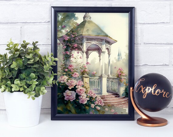 Hidden Garden Gazebo Climbing Roses Dreamy Watercolor Wall Print