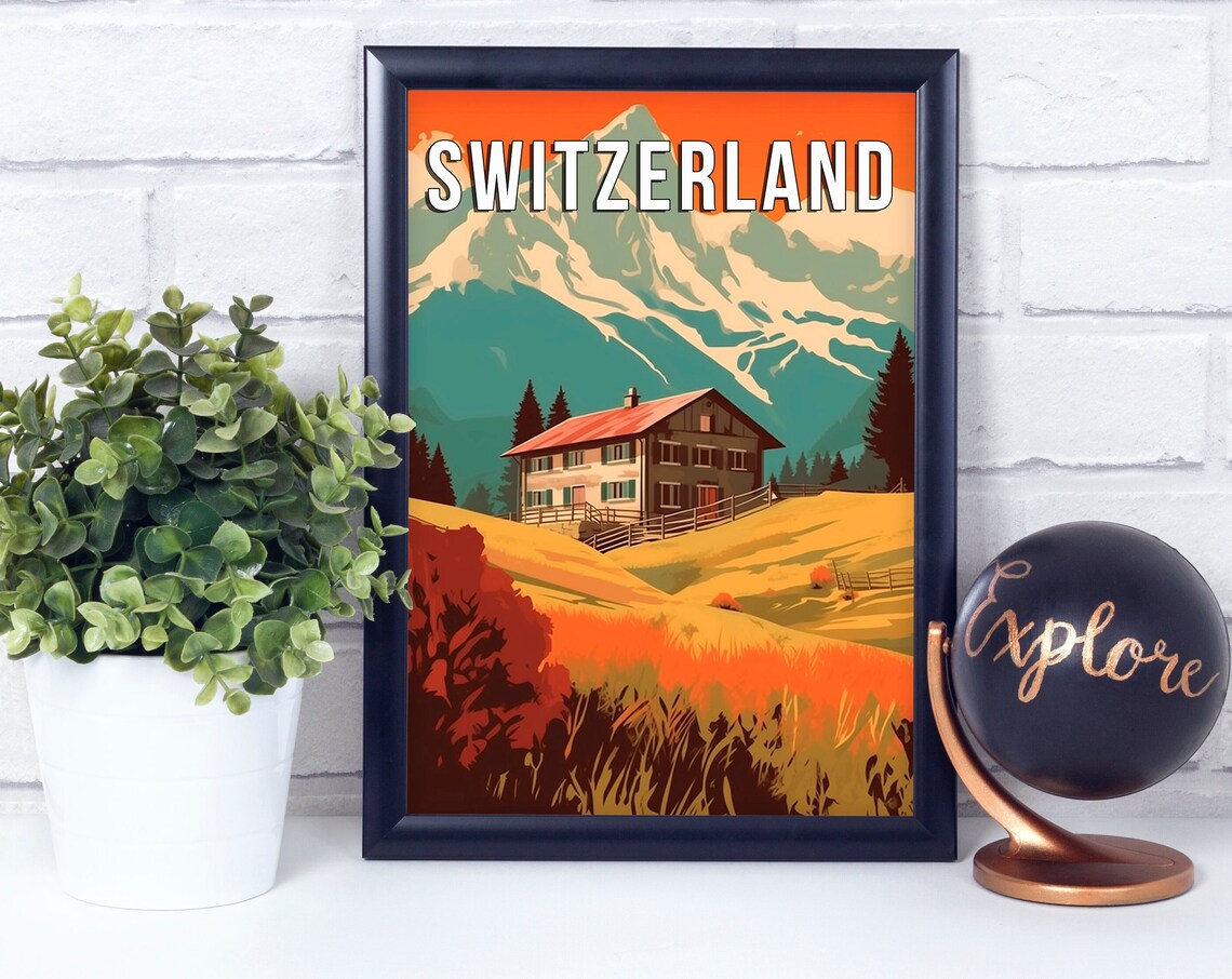 Switzerland Alpine Chalet Golden Meadow Mountain Sunset Travel Poster