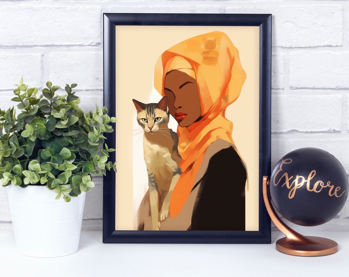 Woman in Orange Hijab Holding Cat Warm Illustration Portrait Poster