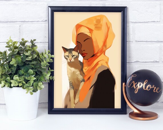 Woman in Orange Hijab Holding Cat Warm Illustration Portrait Poster