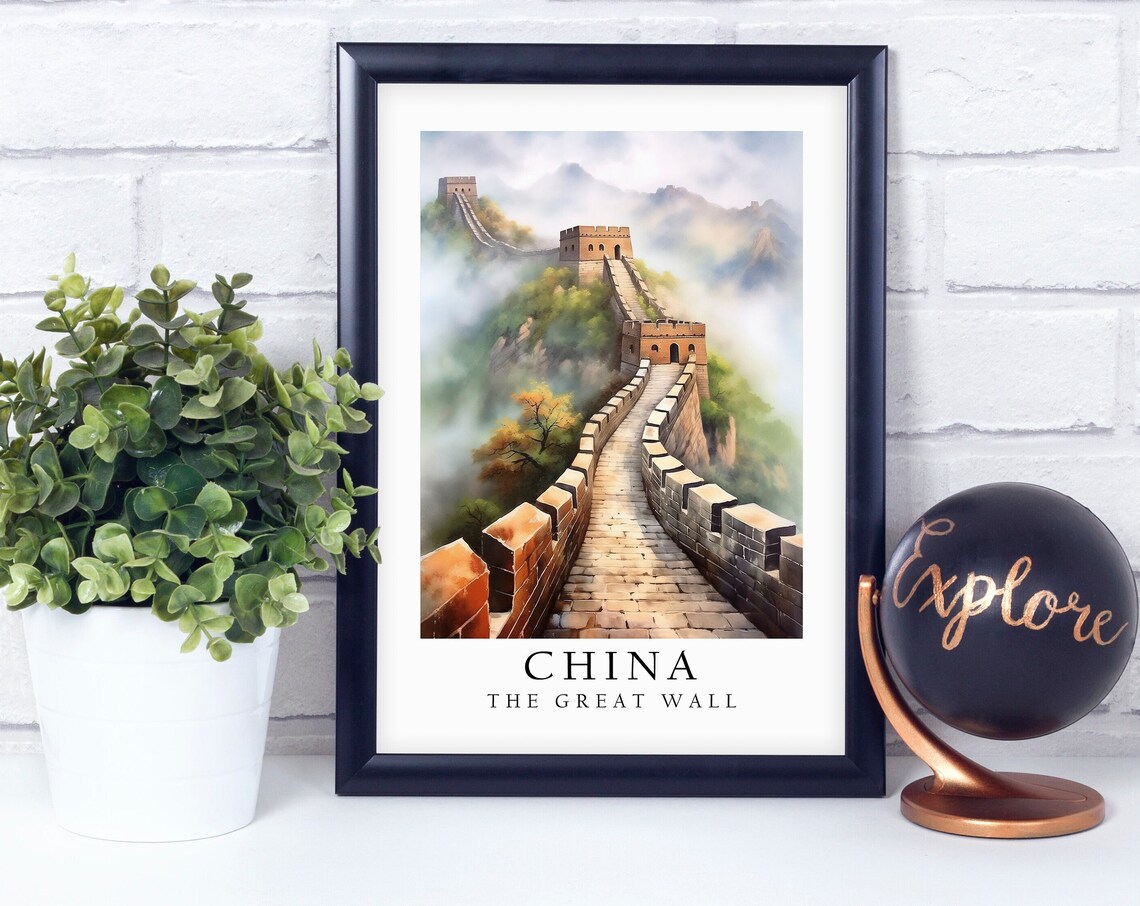 China Great Wall Watercolor Misty Mountains Watchtowers Travel Poster