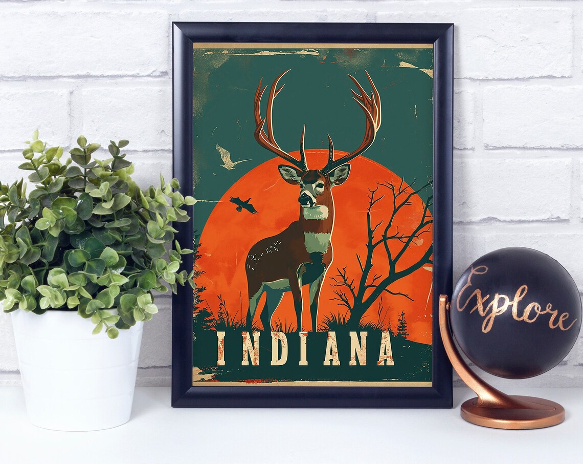White-Tailed Deer Buck Before Orange Sun Indiana Vintage Poster