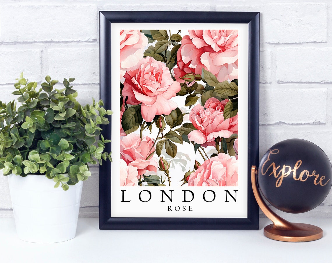 London Rose Pink Botanical Floral Illustration Vintage Style Poster