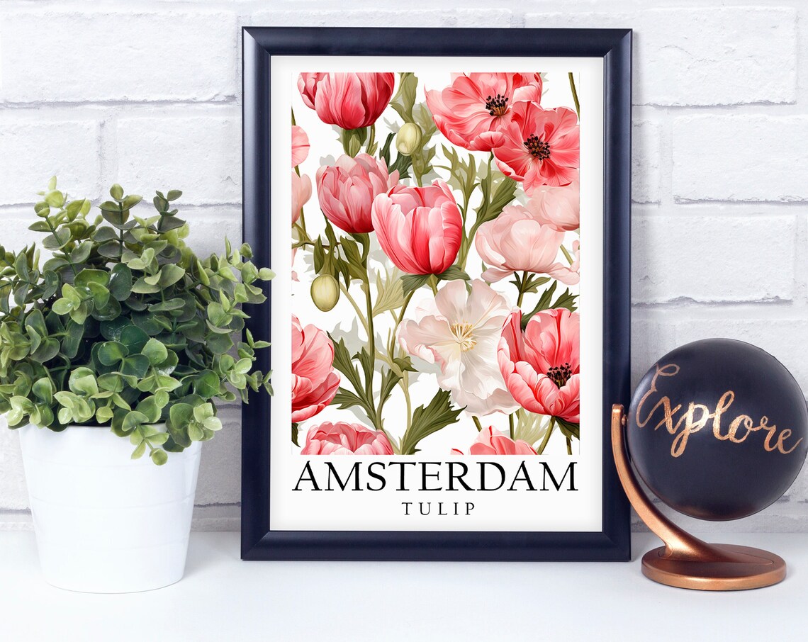 Amsterdam Tulip Pink Peonies Botanical Flowers Travel Art Print