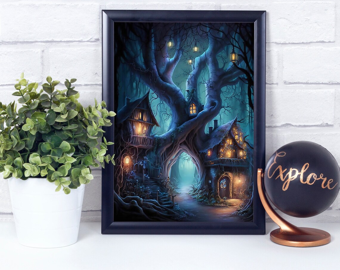 Enchanted Forest Tree House Vertical Poster Print