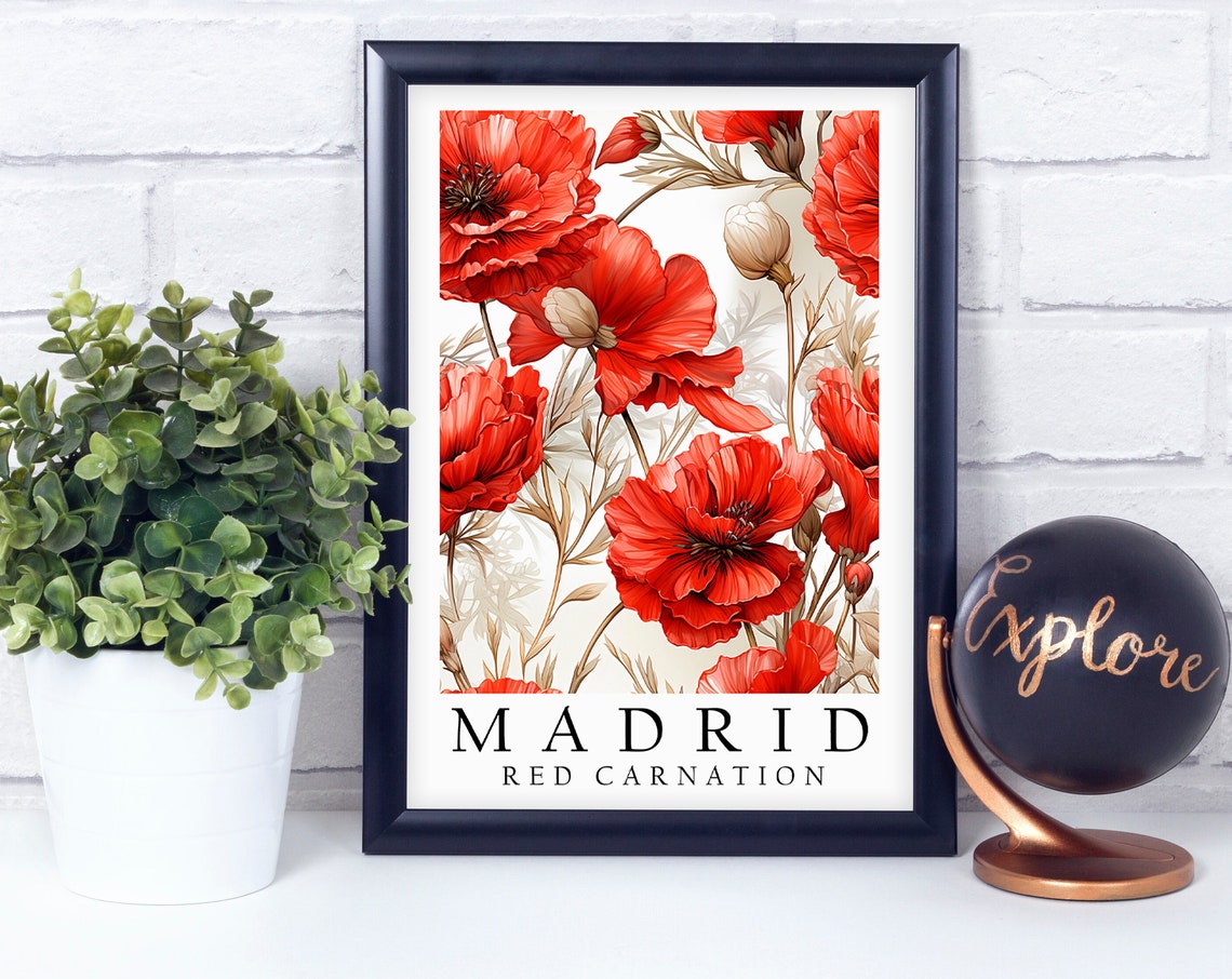 Madrid Red Carnation Botanical Floral Illustration Red Bloom Poster
