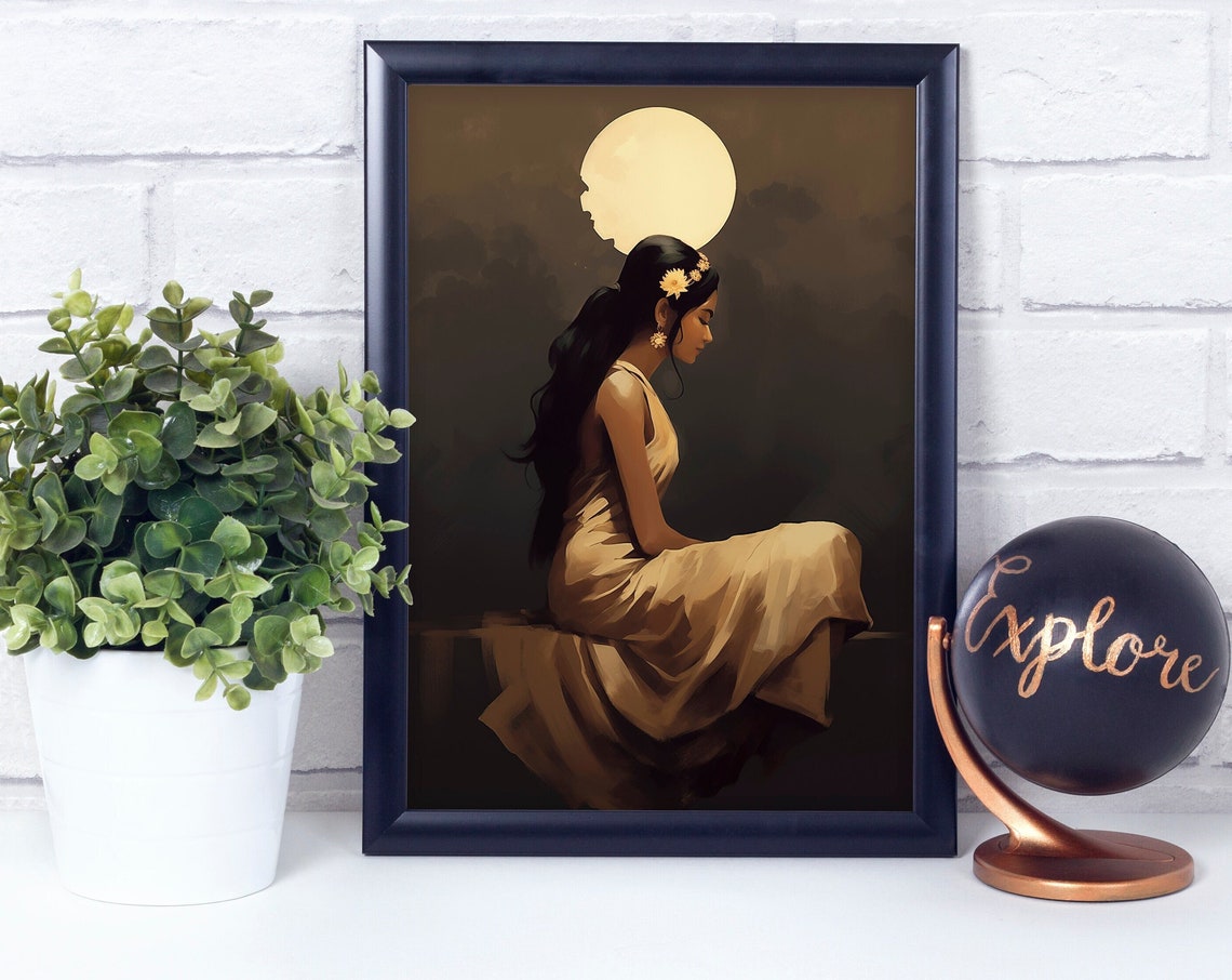Woman Sitting Under the Full Moonlight Dreamy Night Art Poster
