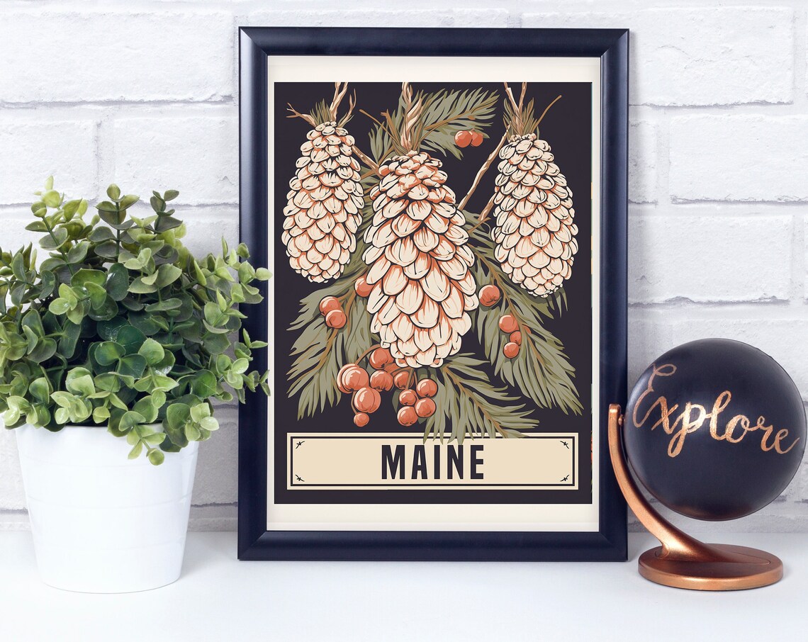 Maine Flower Vintage Retro Style Poster Print