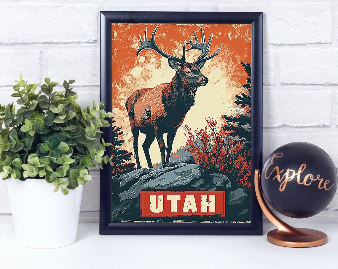Rocky Mountain Elk Utah National State Animal Vintage Retro Style Poster Print Wall Dcor