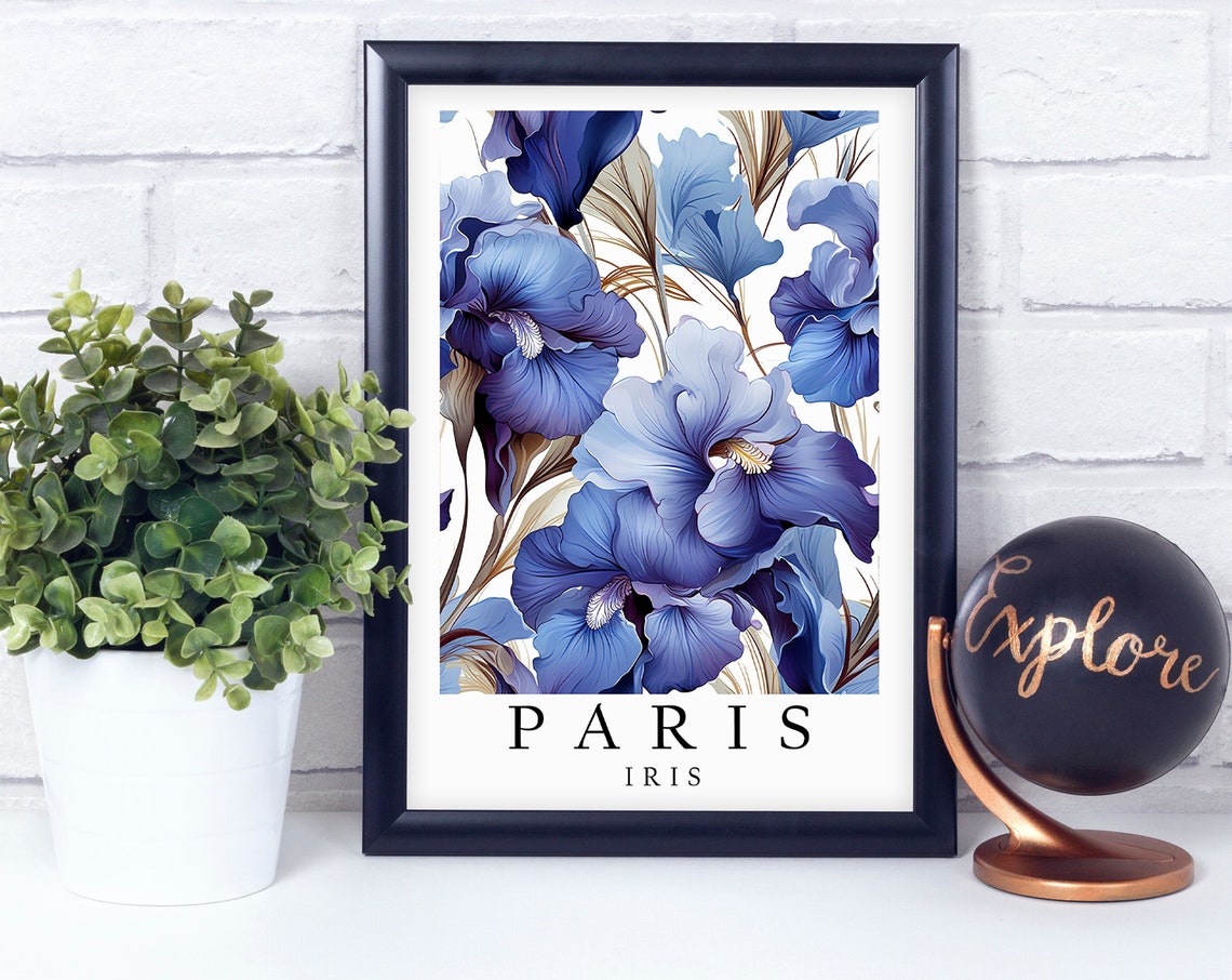 Paris Iris Blue Purple Botanical Floral Illustration Vintage Poster