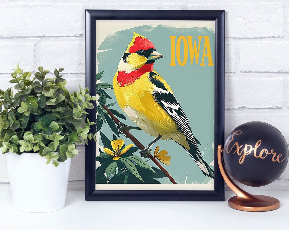Iowa Red Crowned Songbird Perched Branch Vintage Wildlife Bird Poster