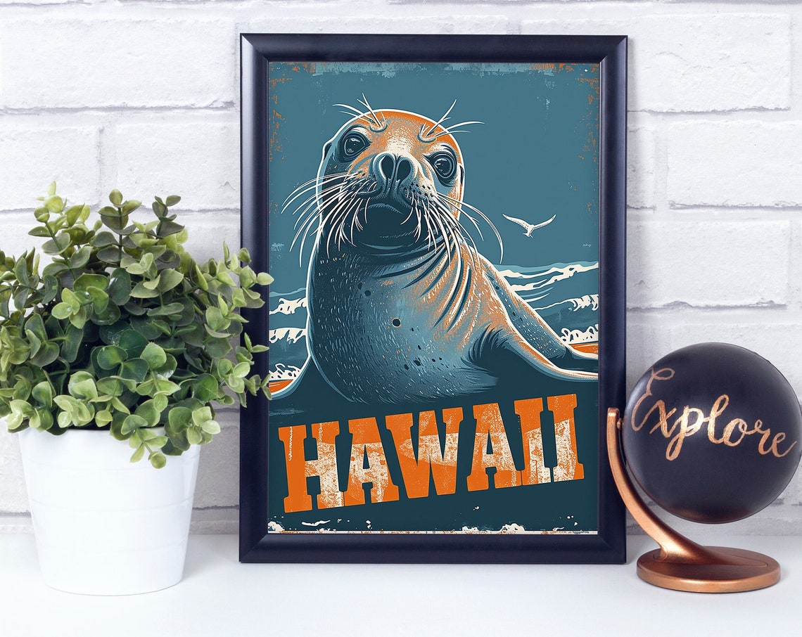 Hawaii Monk Seal Retro Ocean Vintage State Wildlife Travel Poster
