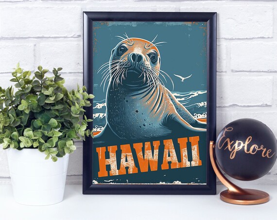 Monk Seal Hawaii National State Mammal Vintage Retro Style Poster Print Wall Dcor