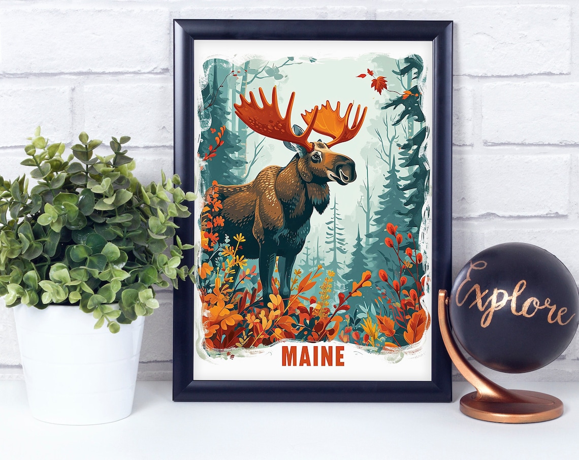 Bull Moose in Autumn Forest Maine Retro Wildlife Vintage Poster