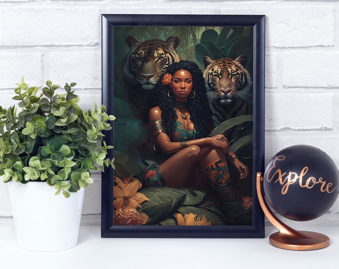 Black African Princess And Her Tigers Art Print