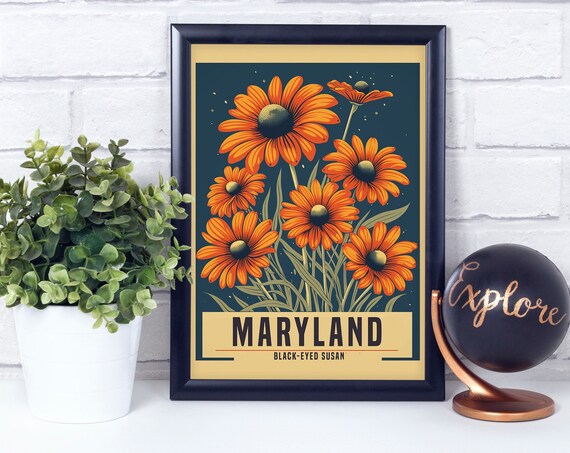 Maryland Black Eyed Susan Retro State Flower Botanical Poster