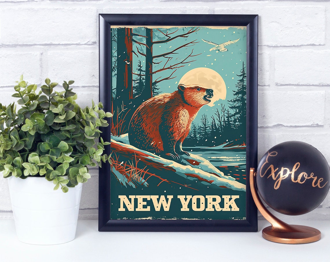 Beaver New York State Animal Moonlit Lake Vintage Style Art Poster