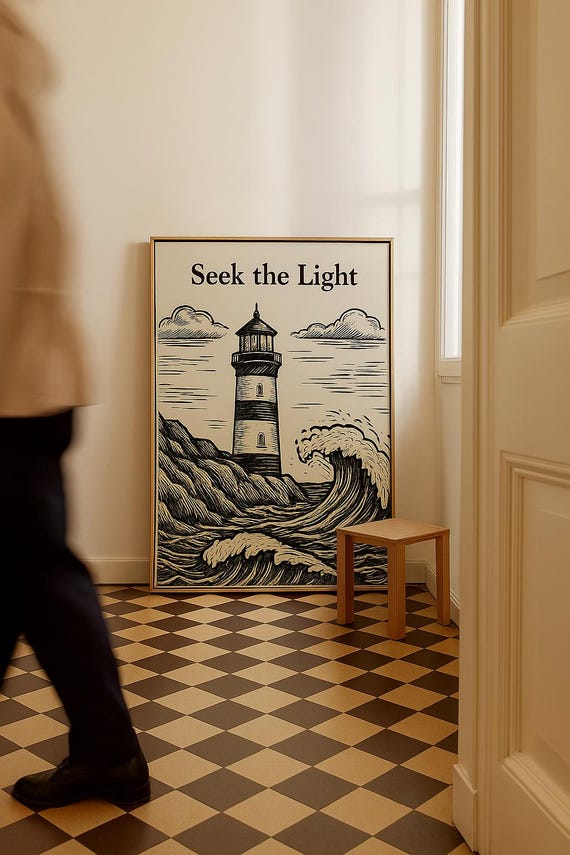 Vintage Linocut Lighthouse Print Coastal Nautical Wall Art