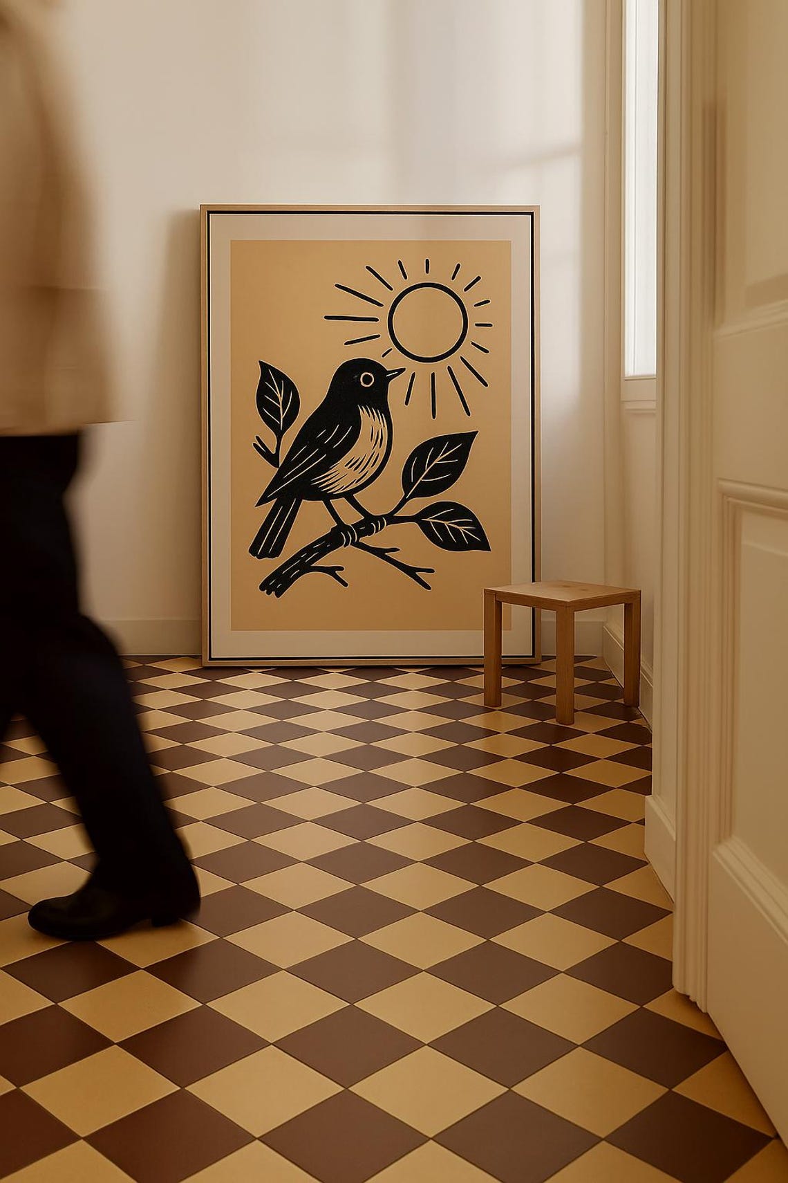 Neutral Earthtone Bird And Sun Linocut Harmony Minimalist Art Print
