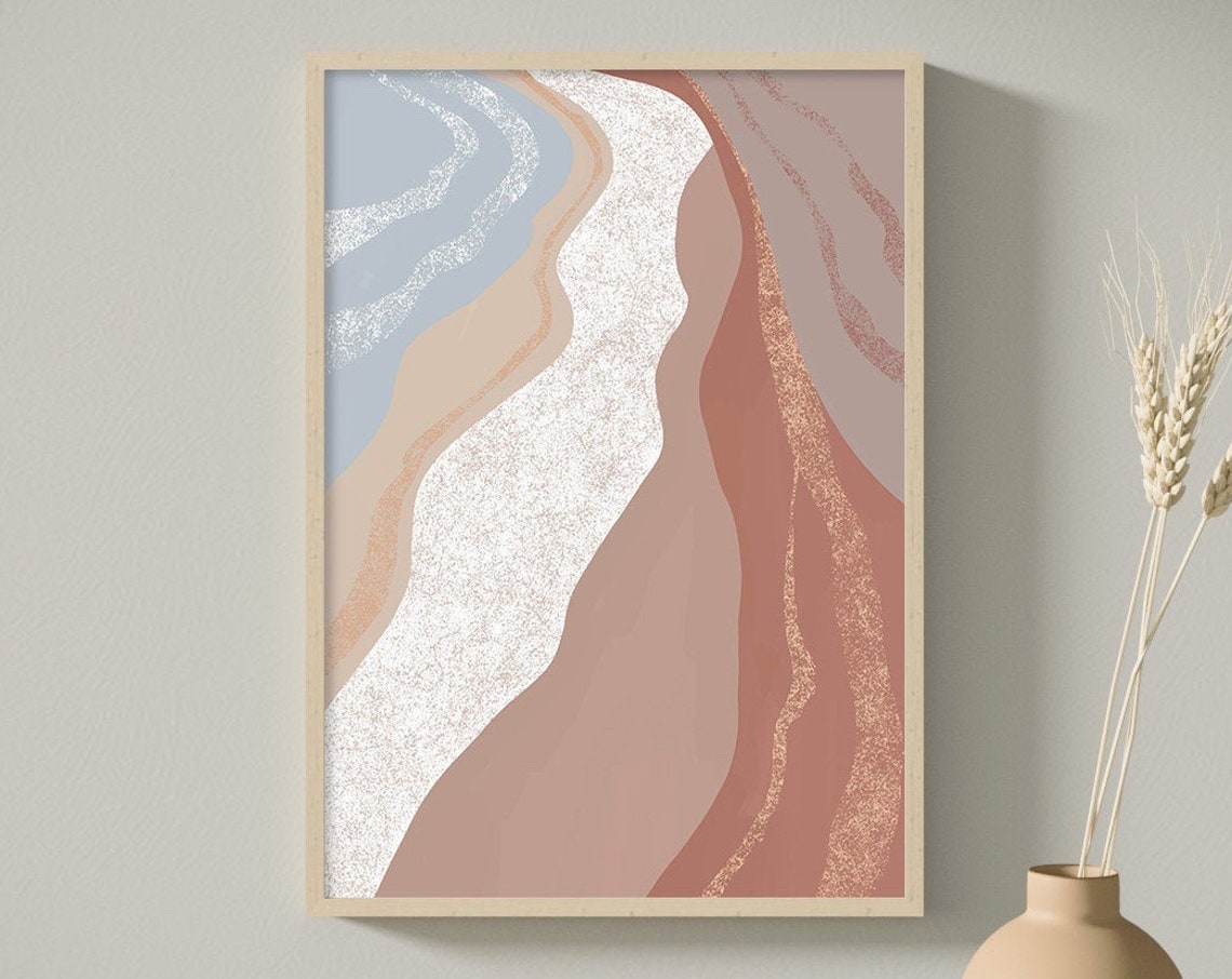 Blue Beige Terracotta Flowing Waves Abstract Gold Line Wall Poster