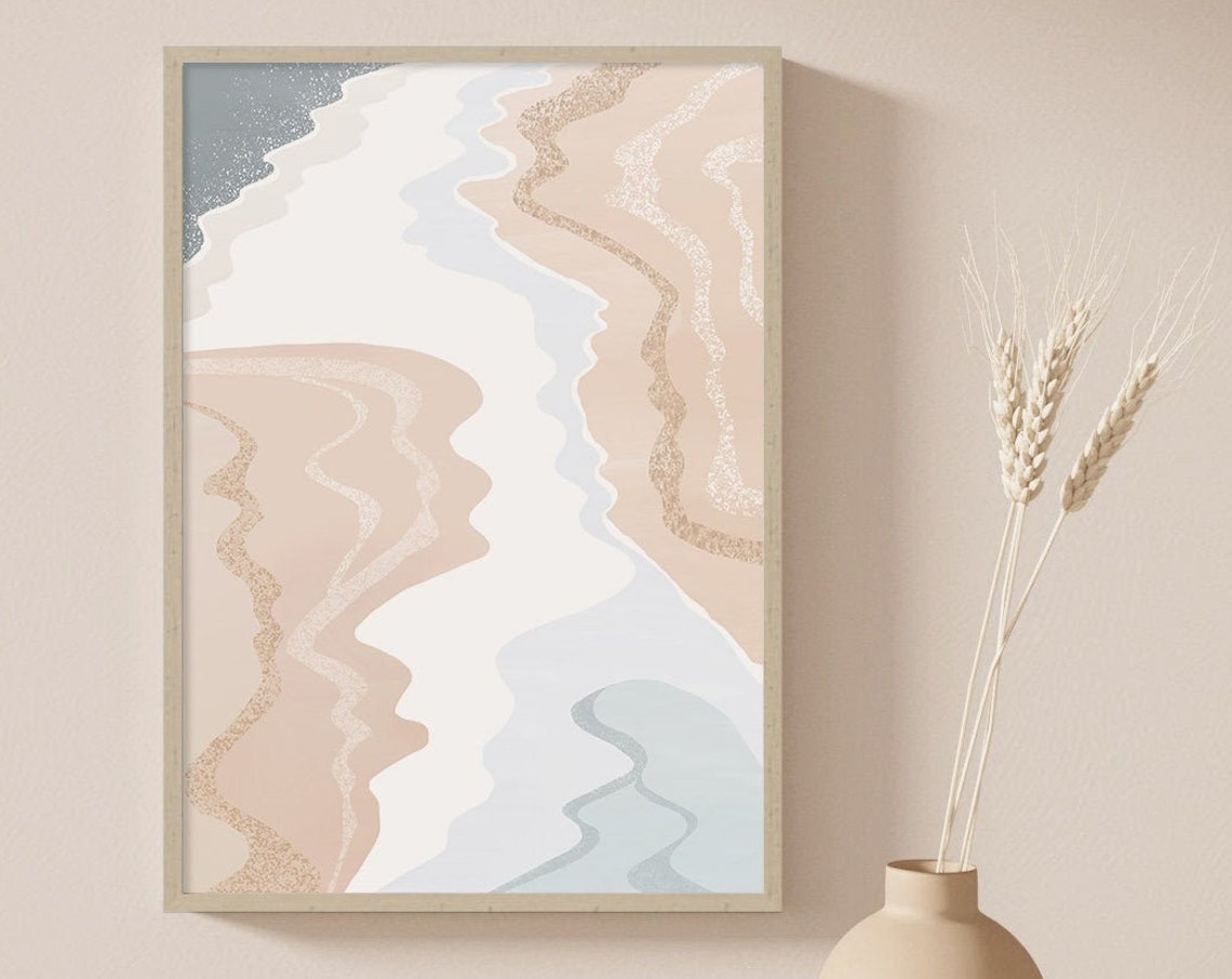 Abstract Flowing River Waves in Beige Gray and Gold Glitter Art Poster