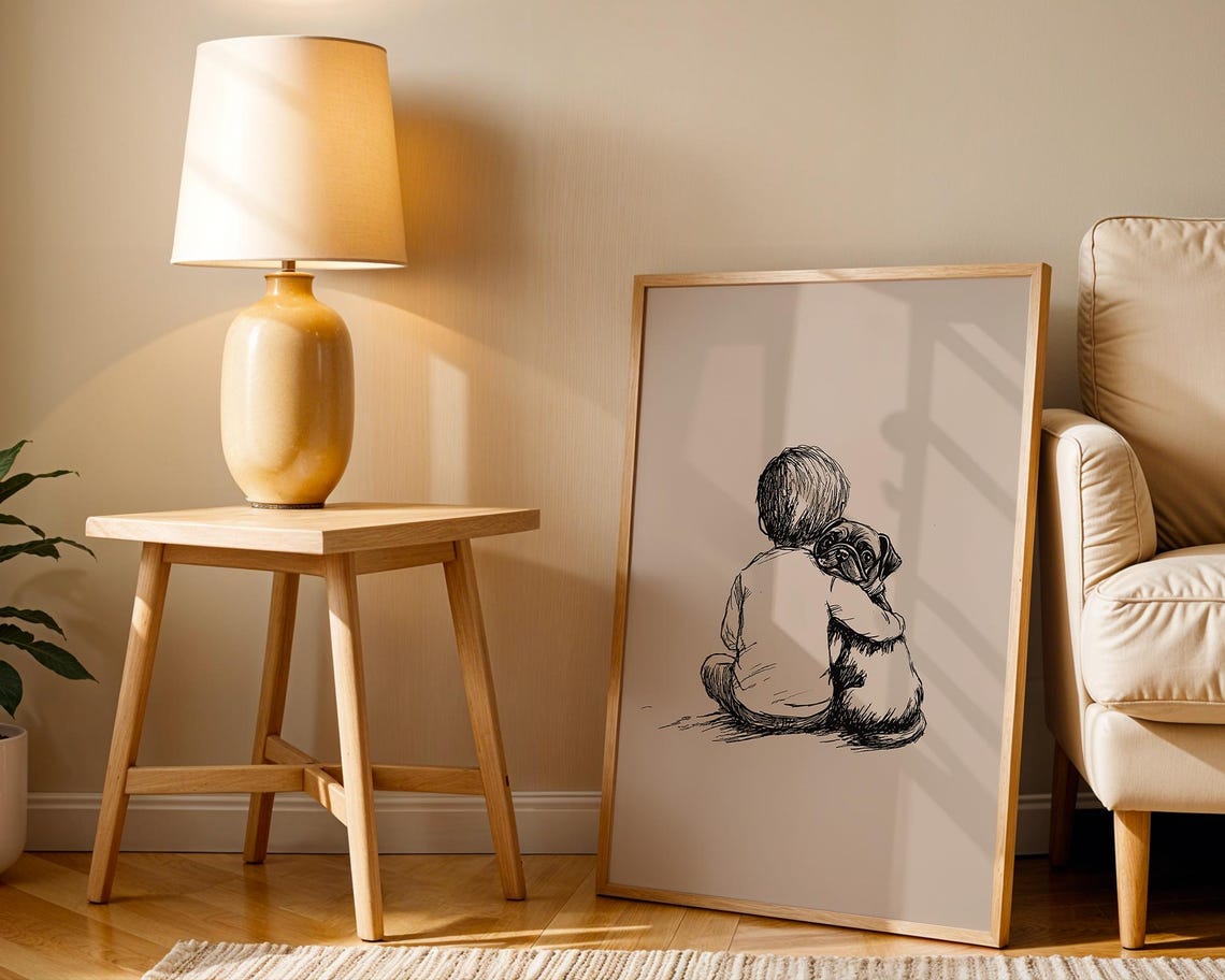 Little Boy Hugging Pug Dog Sweet Companion Ink Sketch Art Poster - Image 2