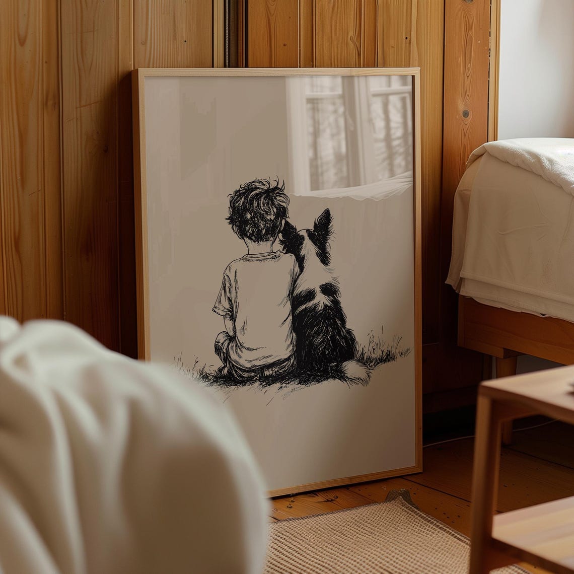 Boy With Border Collie in Grass Nostalgic Ink Sketch Dog Poster - Image 3