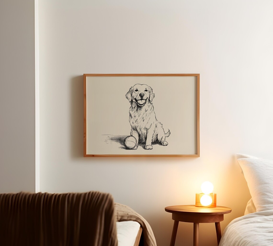 Happy Golden Retriever With Ball Classic Ink Sketch Dog Poster - Image 3